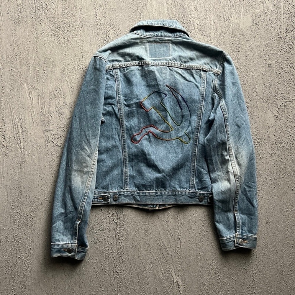 Vintage Levis Denim Jacket Women's‎ Large Blue 1990s Hammer Sickle Rainbow